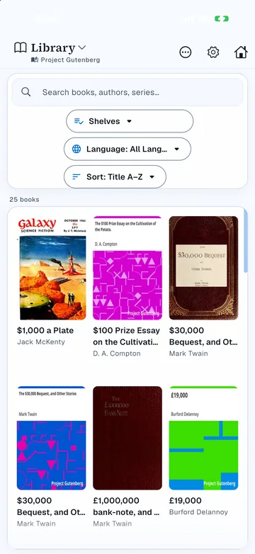 Browsing the built-in Project Gutenberg catalogue inside LibriLink