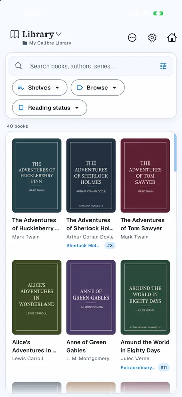 The LibriLink library view showing a Calibre collection as a cover grid